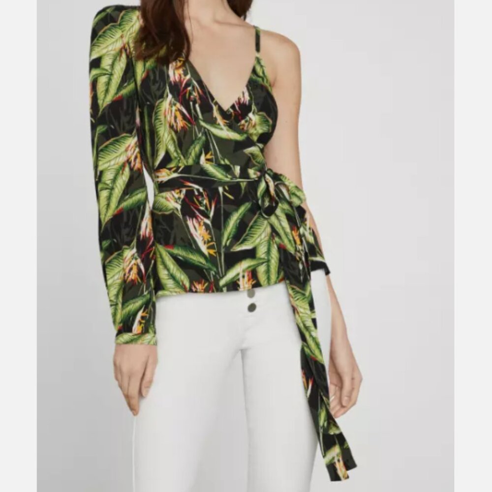 BCBG Birds of Paradise One Sleeve Wrap Top, Size XS - Black/Green Women's